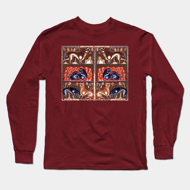 MEDIEVAL BESTIARY, Lion Like Beasts White Red Blue Fantasy Animals Long Sleeve T-Shirt by BulganLumini